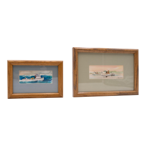Pair of Nautical Watercolor Paintings Fishing Boats Fishermen Signed George D Post