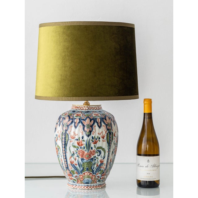 One-of-a-kind dutch delft hand-painted chinoiserie ceramic table lamp by royal tichelaar makkum, paired with a new olive...