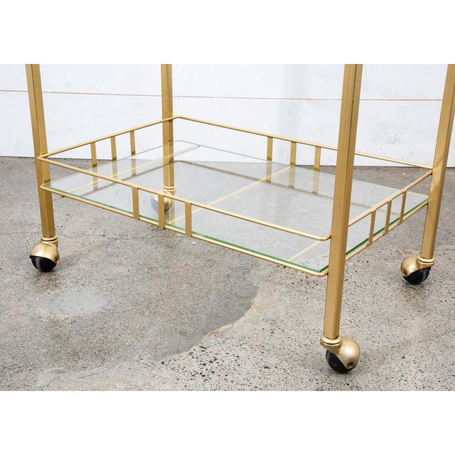 1960s Bar Cart Serving Trolley Brass Rolling Bar Glass 2 Tier Gold For Sale In Sacramento - Image 6 of 12