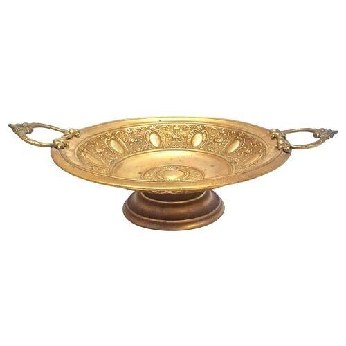 Antique brass acanthus leaf and fruit compote dish with stylized foliate handles. No maker's mark.