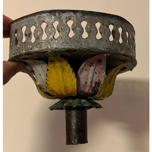 Pair antique 18th century Italian flower form tole candlestick nozzles or inserts. These have a wide bobeche top with a...