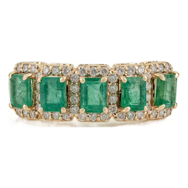 1.31 Carat Emerald & Diamond Statement Band Ring in 14k Yellow Gold Size 5.5 For Sale