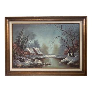 1960s Cornelis Bruinsma (B. 1942) Winter Dutch Landscape Oil Painting With Coa & Robert Sills Gallery 43" Frame For Sale