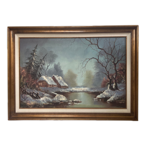 1960s Cornelis Bruinsma (b.1942) Winter Dutch Landscape Oil Painting With Coa & Robert Sills Gallery 43" Frame
