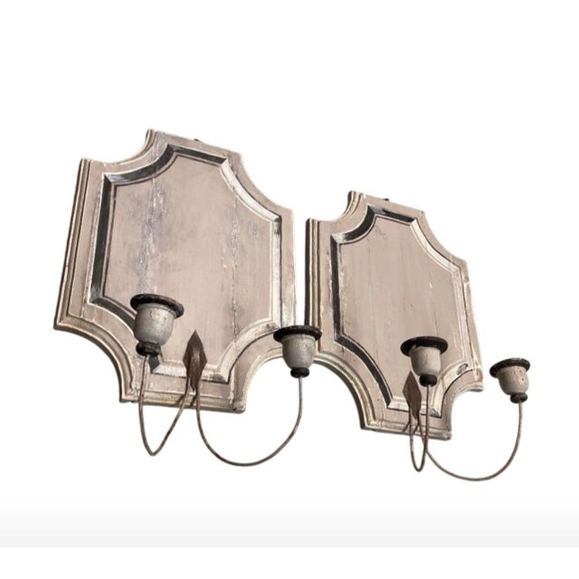 Pair of Vintage French Country Distressed Wooden Wall Sconces For Sale - Image 4 of 12