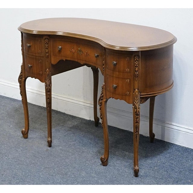 Vintage Antique Solid Walnut Louis XV French Provincial 42" Kidney Vanity Table W. Hand Painted Floral Accents For Sale - Image 4 of 13