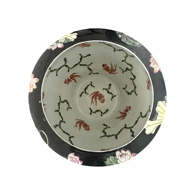 Huge Chinese Famille Noire Black Porcelain Jardiniere, Mandarin Ducks, Birds & Lotus Pond Goldfish Bowl Planter, Signed, Hong Kong For Sale In Tampa - Image 6 of 14