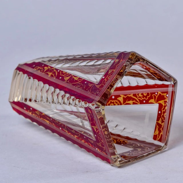 Circa 1930s Bohemian glass vase in tapered five panel shape with cut to red detailed design at panel borders. Unknown...