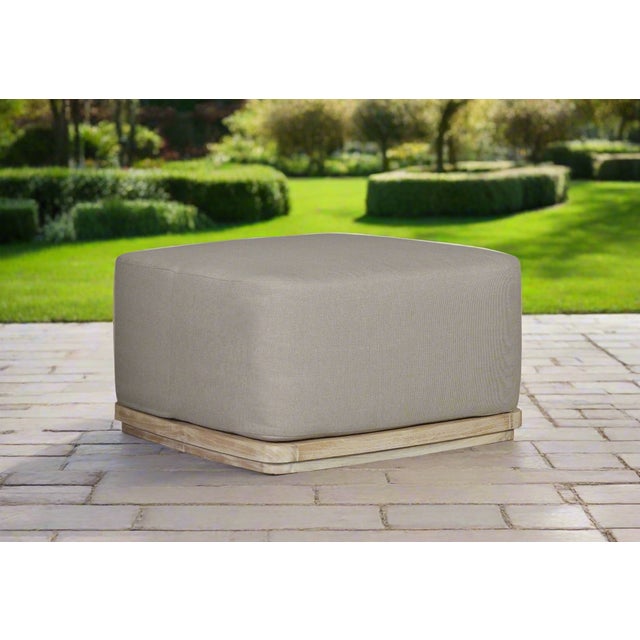 Eclipse Outdoor Solid Teak Wood Ottoman Natural Look - Gray Fabric For Sale - Image 9 of 9