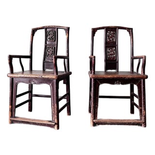 19th Century Chinese Hand Carved Wood High Back Arm Chairs For Sale