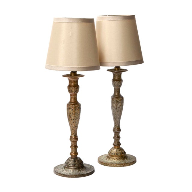 Early 20th Century Etched Brass Candlestick Lamps - a Pair For Sale - Image 9 of 12