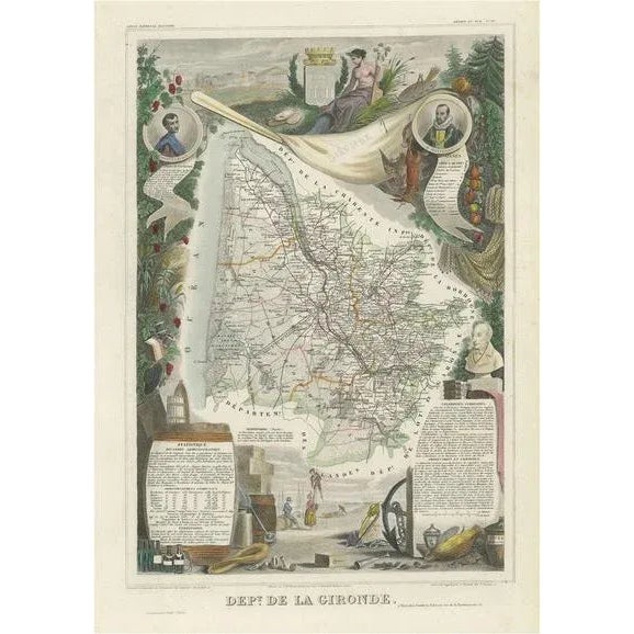 Beige Map of Gironde and Bordeaux Wine by Levasseur, 1852 For Sale - Image 8 of 8