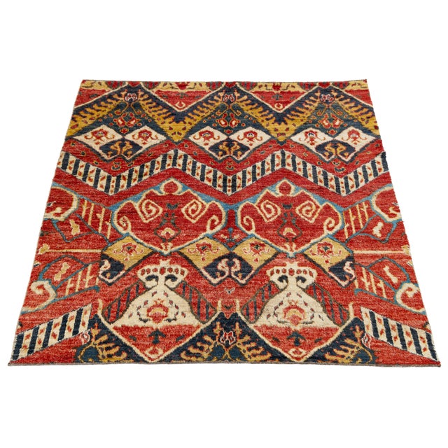 Moroccan Style Hand-Knotted Wool Area Rug With Graphic Tribal in Terracotta Red For Sale - Image 4 of 12