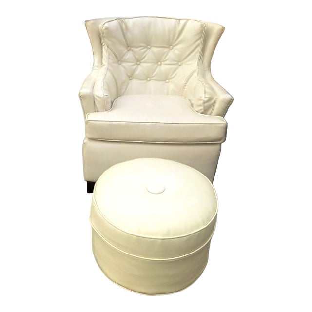 Exquisite Cream Color High-Quality Mid-Century Modern Masterpiece Wingback Chair and Matching Ottoman Set For Sale