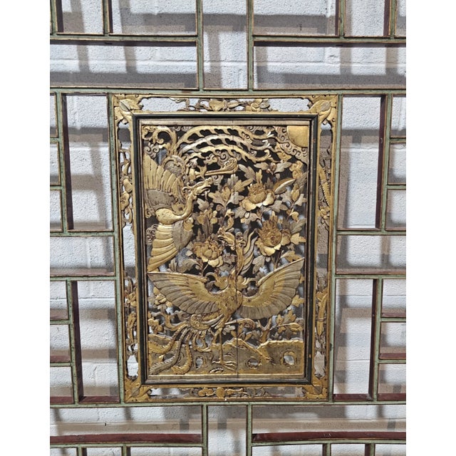 Late 19th Century Antique Hand Carved Gilt Chinese Figural Red Lacquered Wood Panel Green Accents For Sale - Image 4 of 12