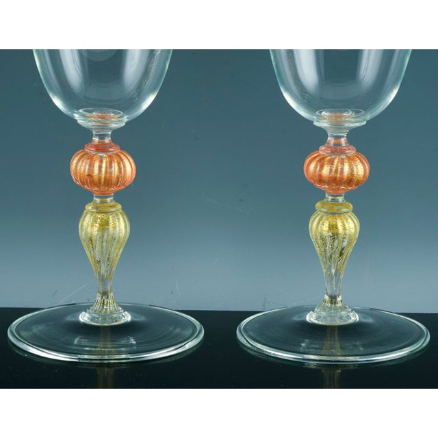 1960s Vintage Murano Glass Large Wine Glasses, Peach and Gold-Leaf Ribbed Stems, Set of Ten For Sale - Image 5 of 8