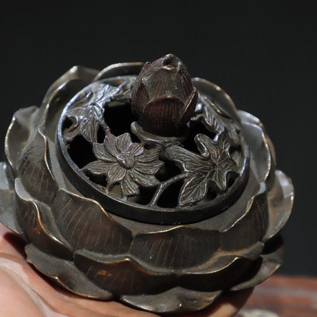 Bronze Lotus Incense Burner With Bud Finial — Gilded Accents, Tripod Form For Sale - Image 4 of 9