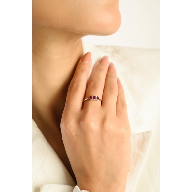 Ruby Red Ruby July Birthstone Three-Stone Ring With Baguette Diamonds in 14k Gold Size 8 For Sale - Image 8 of 14
