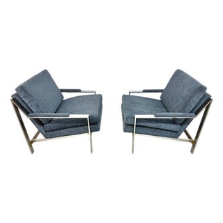 Vintage Milo Baughman Style Flat Bar Chrome Arm Chairs - Set of 2 For Sale