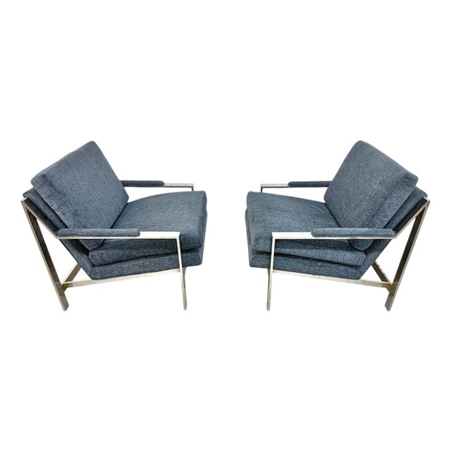 Vintage Milo Baughman Style Flat Bar Chrome Arm Chairs - Set of 2 For Sale