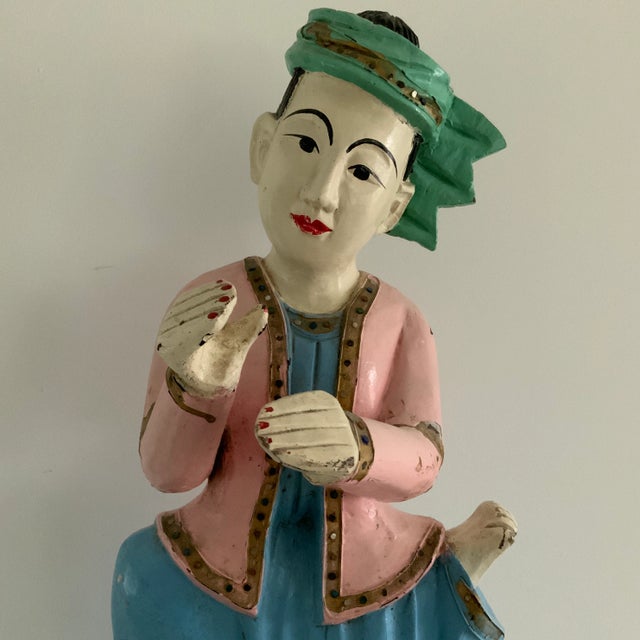 Figurative Vintage Thai Carved Wooden Musician Sculptures With Jeweled Robes- Set of 2 For Sale - Image 3 of 13