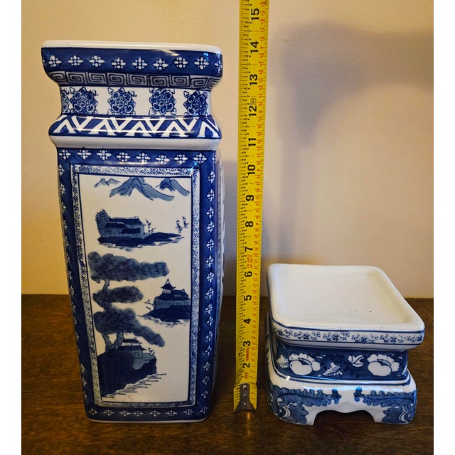 Ceramic Vintage Chinese, Blue & White Porcelain Vase on Stand, Qianlong Style For Sale - Image 7 of 9