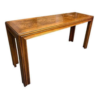1980's Lane Furniture Bookmatched Burlwood Parsons Console Table For Sale