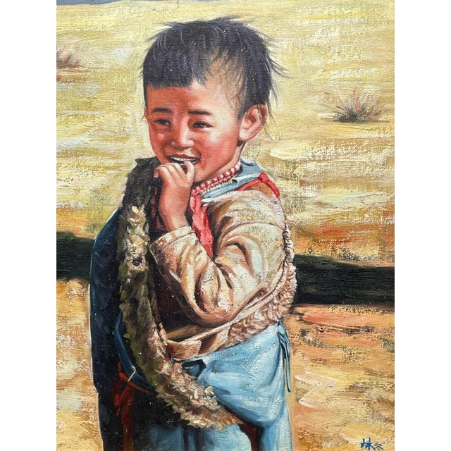 Chinese Highland Child Oil Portrait – Yi Ren Gallery Shanghai – Possibly Lin Shusen An expressive Chinese realist oil...
