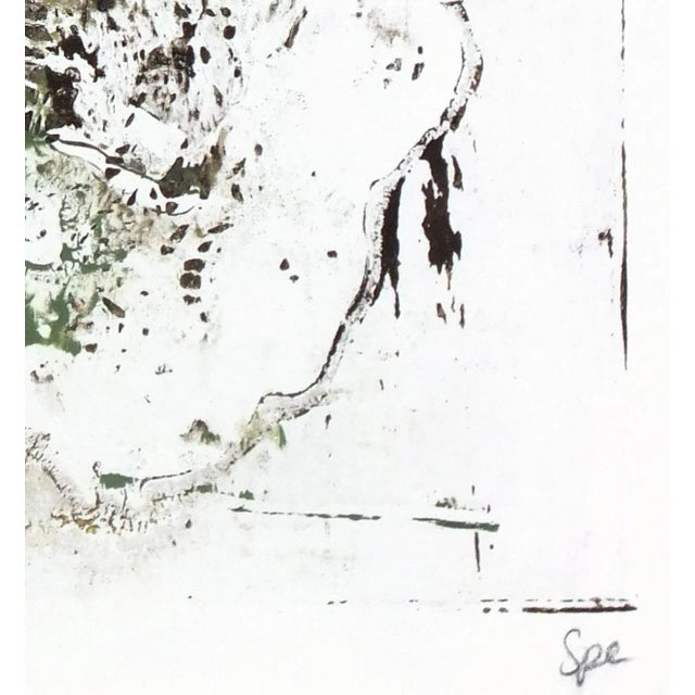 Abstract painting on dark brown and white background background with shades of gold/brown and green by English artist Spe,...