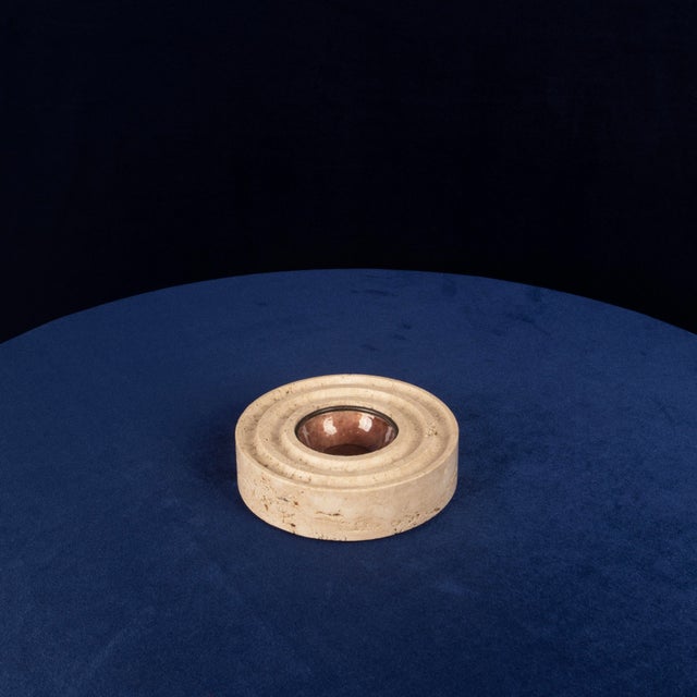 Italian Round Travertine and Copper-Toned Metal Ashtray, 1970 For Sale - Image 11 of 18