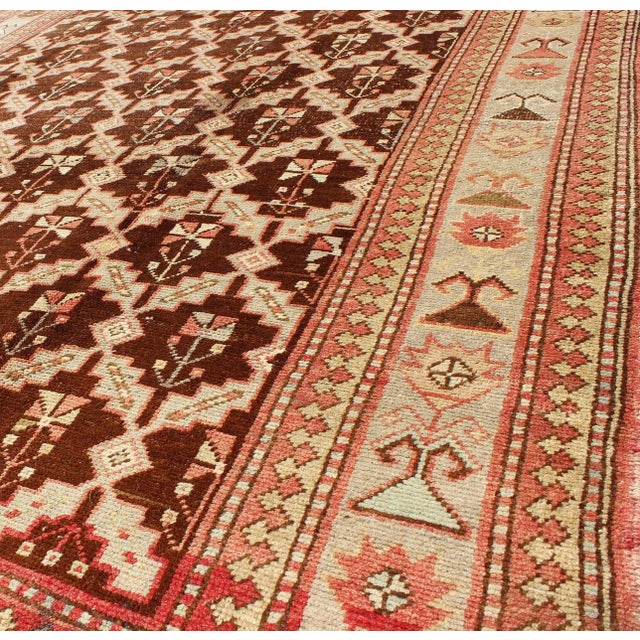 Textile Vintage Turkish Oushak Rug in Brown, Taupe, Pale Green, and Coral For Sale - Image 7 of 8