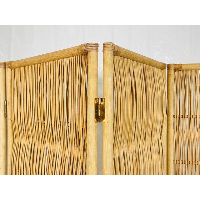 Vintage Rattan Folding Screen Room Divider With Brass Hardware, Organic Modern For Sale - Image 18 of 18