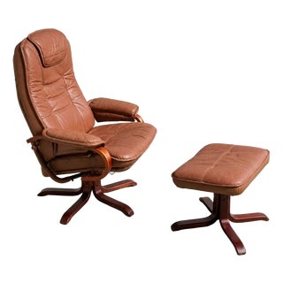 Set of Scandinavian Brown Leather Recliner Lounge Chair with Ottoman, 1990 For Sale