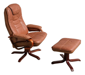 Set of Scandinavian Brown Leather Recliner Lounge Chair with Ottoman, 1990
