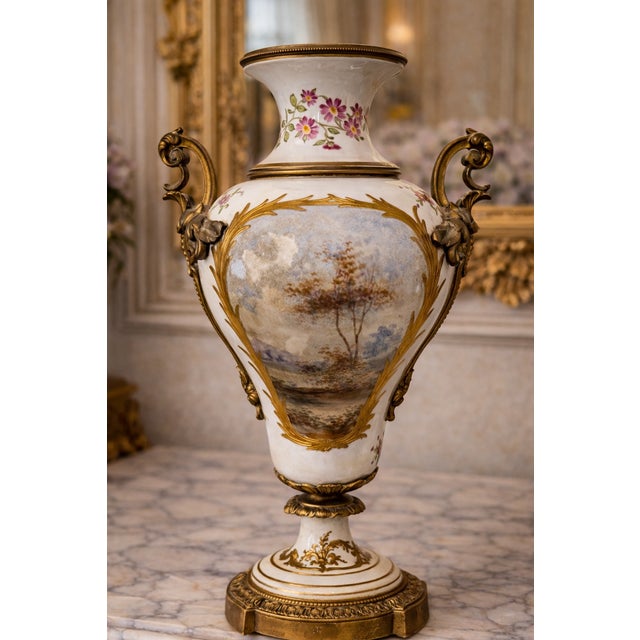 19th Sevres Louis XVI Gilt Porcelain Bronze Vases Pair For Sale - Image 11 of 18