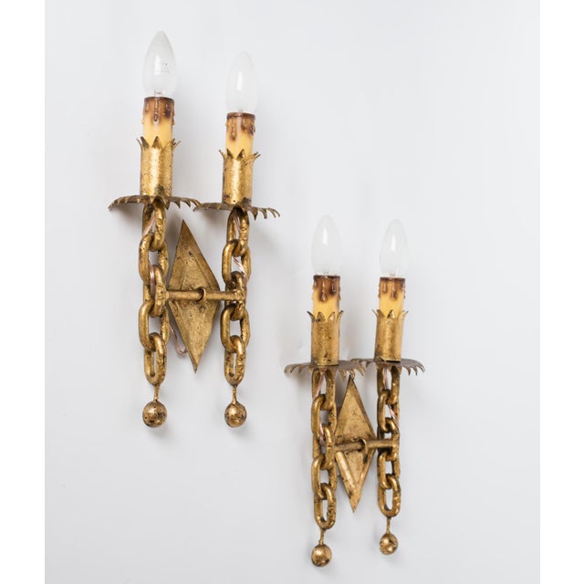 1950s 1950s Spanish Mid-Century Gold Leaf Iron 2-Light Sconces - A Pair For Sale - Image 5 of 6