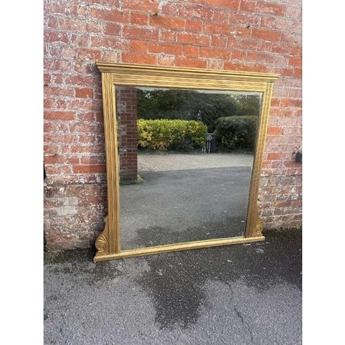 Wood Large 19th Century Antique English Gilt Ribbed Framed Overmantle Mirror For Sale - Image 7 of 8
