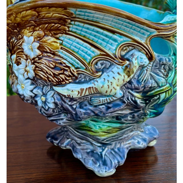 Antique French Majolica Onnaing Cache Pot Planter Bowl Jardiniere Phoenix Bird For Sale In Dallas - Image 6 of 12