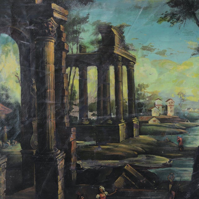 Black Vintage Octagonal Oil Painting - Classical Roman Ruins Capriccio Landscape For Sale - Image 8 of 11