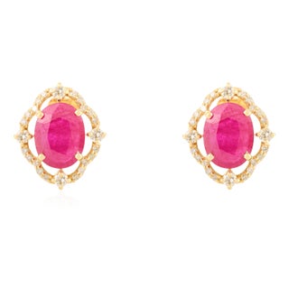 Clover Diamond Vintage Ruby Earrings in 14k Gold- 2 Pieces For Sale