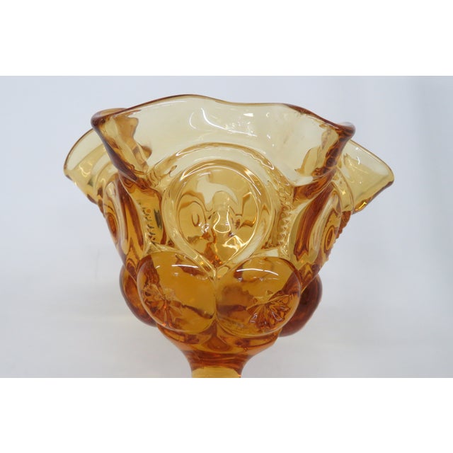 L E Smith Glass Moon and Stars Amber Pedestal Ruffle Compote Dish 5600b For Sale In Miami - Image 6 of 12