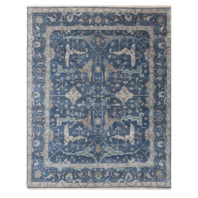 Oushak Hand-Knotted Wool Blue Rug - 6'x9' For Sale