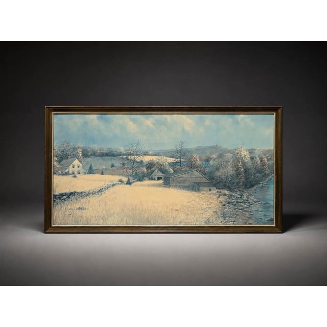 Farmhouse Mid 19th Century Large Framed Winter Countryside Landscape Wall Art, 50” X 27” For Sale - Image 3 of 5