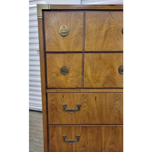 Wood Vintage Huntley Thomasville Pecan Campaign Style 5 Drawer Chest For Sale - Image 7 of 11