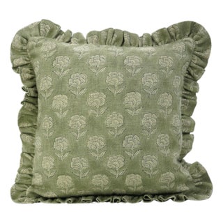 Fabdivine Ethnic Block Print Frill Cushion Cover Green 22x22 Inch Thick Linen- Rohini For Sale