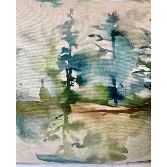 Large Bolster Pillow Decorated With a Serene Water Color Look Forest, Deer and Reflective Lake Scene - Made in the U K For Sale In Dallas - Image 6 of 12