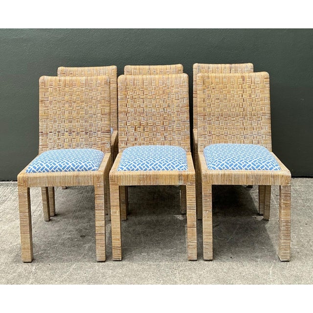 Mid-Century Modern Vintage Woven Rattan Dining Chairs in Quadrille For Sale - Image 3 of 18
