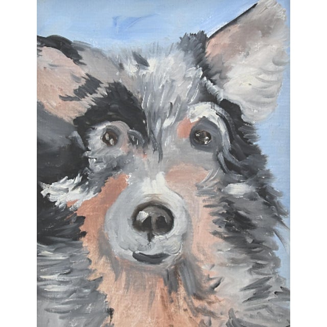 Abstract Charming Folk Art Doggie Dog Puppy Oil Painting Including the Brown Wood Frame For Sale - Image 3 of 5