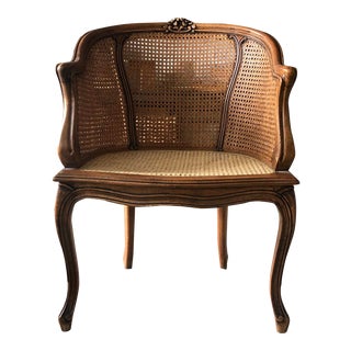 Vintage Mid Century French Barrelback Cane Club Chair For Sale