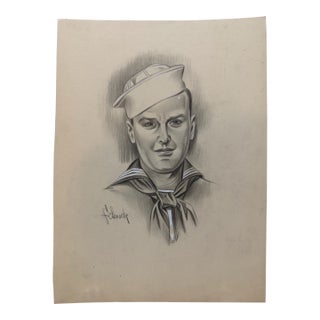 1940s Original Signed Graphite Portrait of u.s. Navy Sailor, 11 X 8.25 In. For Sale